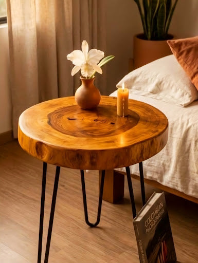 Novaro Natural Wood Slice Side Table with Hairpin Legs